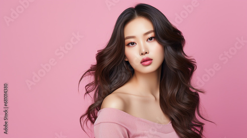 Beautiful young Asian woman on pink background, ai technology