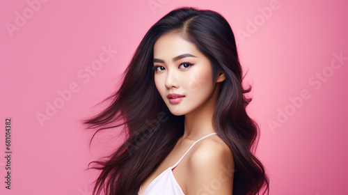 Beautiful young Asian woman on pink background, ai technology