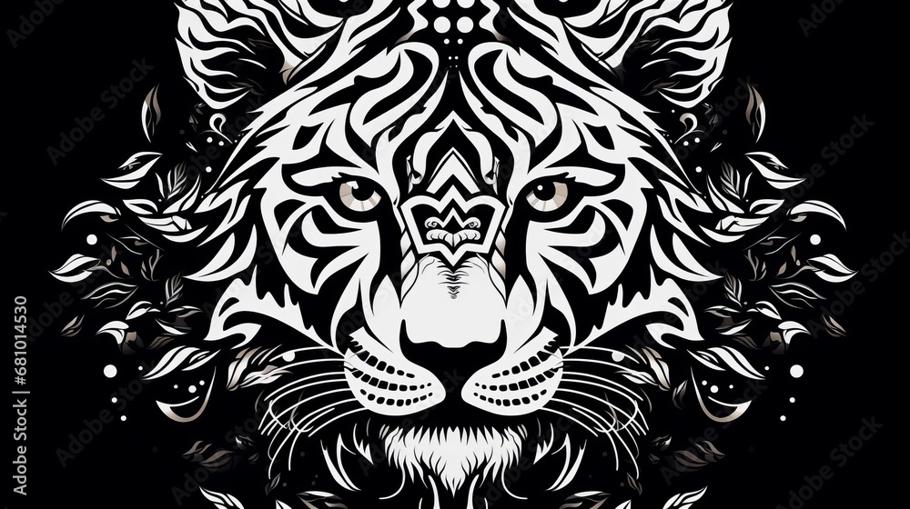 tiger, black and white vector graphic, psychedelic pattern,, 16:9