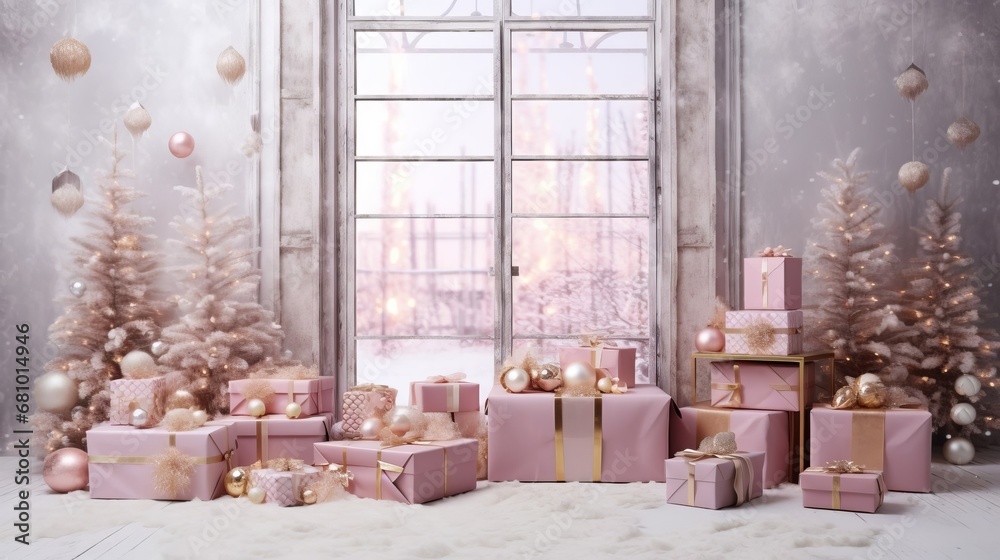 Pink room, Christmas trees, decorative balloons, snow drifts, snowflakes, gifts. Christmas room background for overlay, mockup