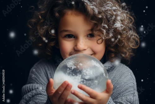 Festive Holiday Photo of a Child with Curly Hair Captivated by a Snow Globe Against a Winter-Themed Background