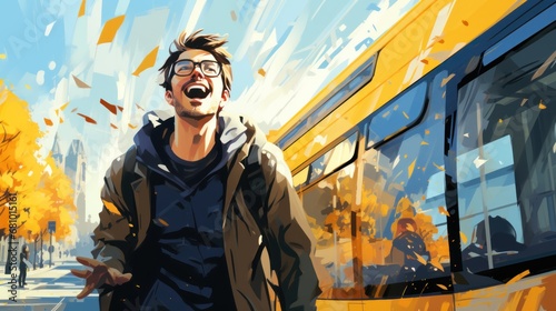 vector art of A happy man is stopping a bus on a city street.