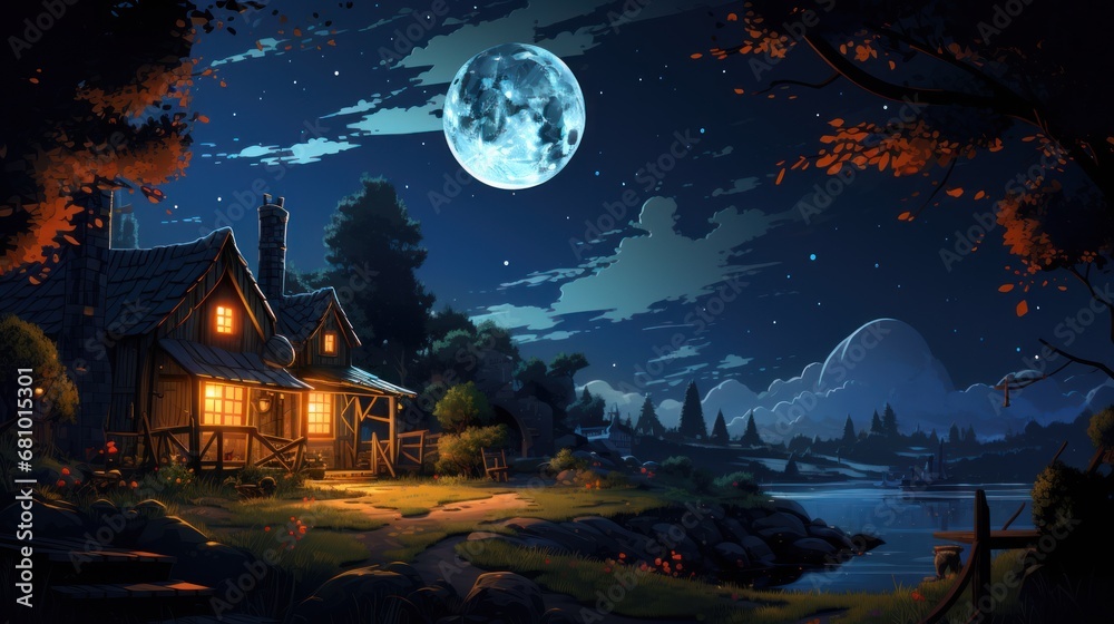 vector art of Firefly house, night wallpaper moon, in the style of celebration of rural life