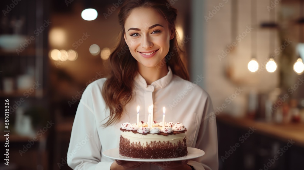 A professional female pastry chef holds birthday cake and smiles. Cozy kitchen in a coffee shop. Young woman Pastry chef portrait close-up front view. Generative AI.
