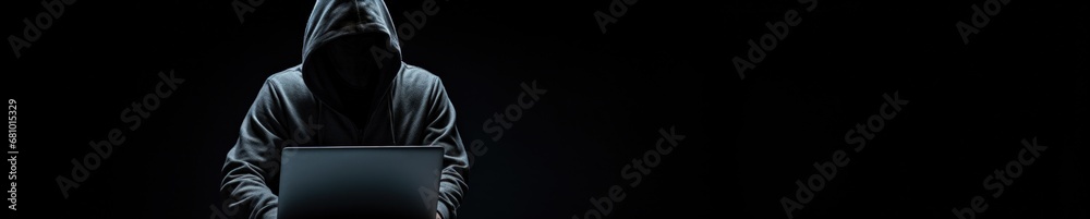 Man in a hoodie in front of a laptop, illustration of a hacker on black background. Generative AI Man in a hoodie in front of a laptop, illustration of a hacker on black background. Generative AI