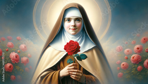 Painting of Saint Thérèse of Lisieux capturing her in her Carmelite nun's habit with a red rose, surrounded by a peaceful, spiritual background. photo