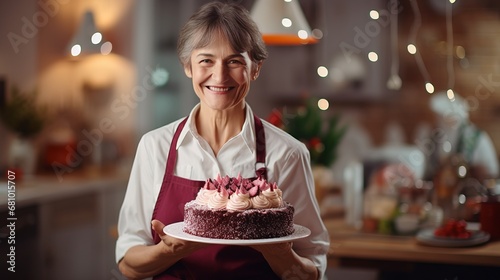 A professional female pastry chef holds a cake and smiles. Cozy kitchen in a coffee shop. Senior woman Pastry chef portrait close-up front view. Generative AI.