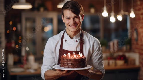 A professional pastry chef holds a birthday cake and smiles. Cozy kitchen in a coffee shop. A young male assistant cook. Generative AI.