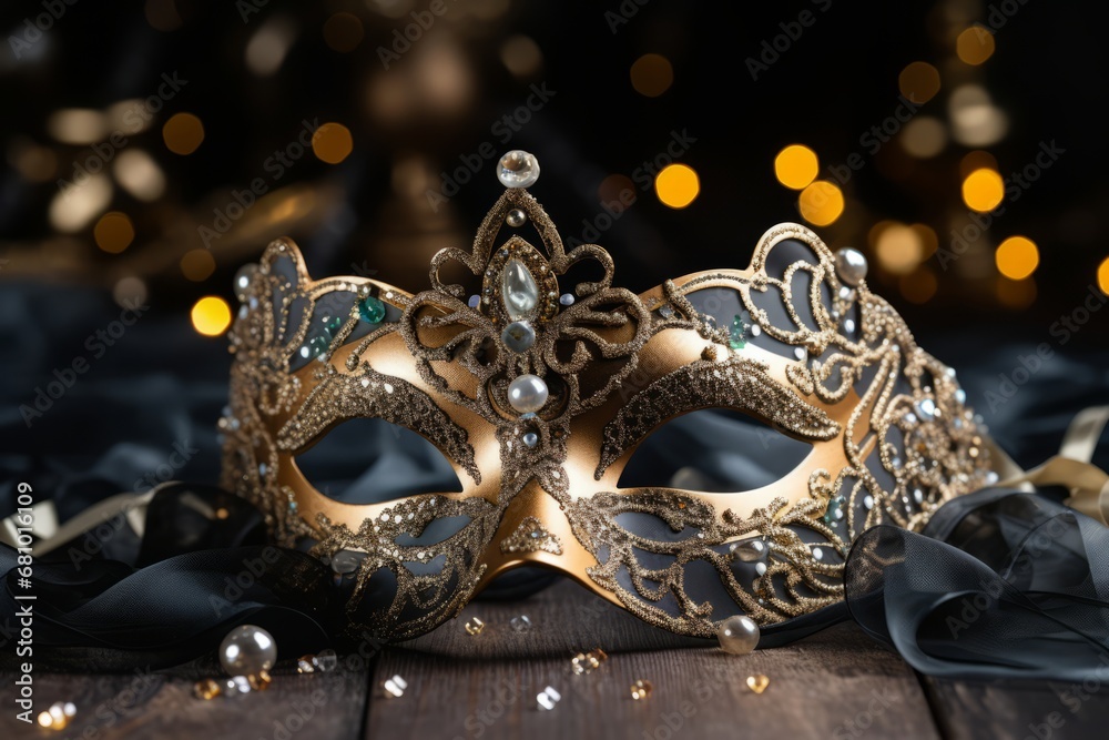 The allure of an ornate lace mask enhanced by shimmering gems amidst the excitement of a New Year's Eve party The allure of an ornate lace mask enhanced by shimmering gems amidst the excitement of a New Year's Eve party