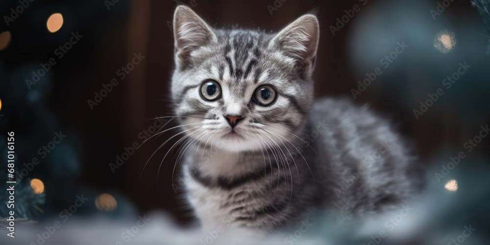 Cute tabby kitten on the background of a Christmas tree. Cute Gray Cat in snow. British kitten and Christmas Tree branches. Christmas Winter-Themed Pet