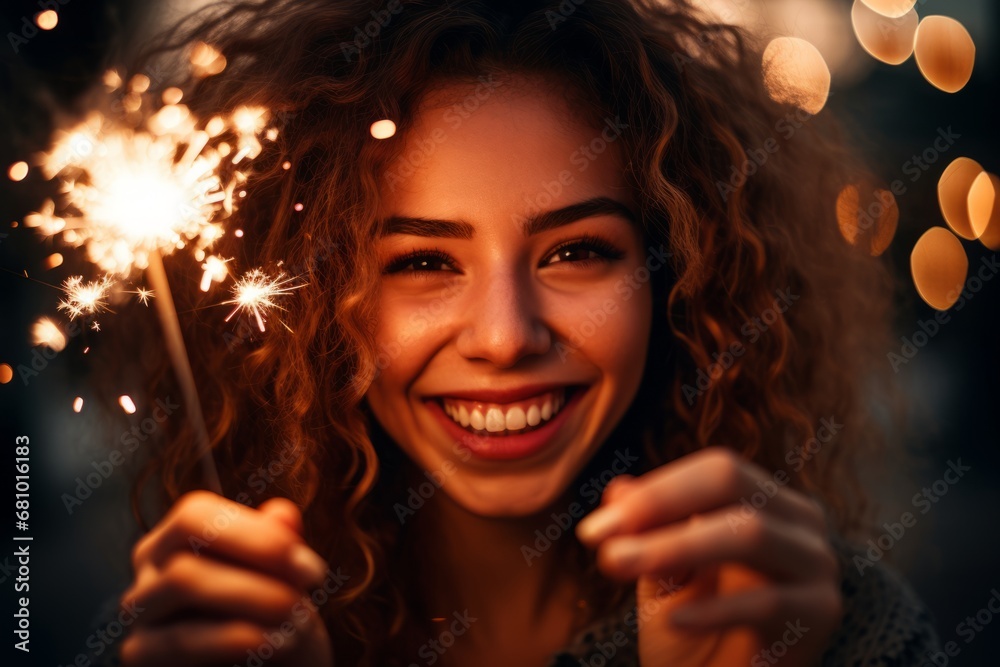 New Year's Joy Reflected in the Glow of a Sparkler Held by a Hand and Lighting Up a Smiling Face New Year's Joy Reflected in the Glow of a Sparkler Held by a Hand and Lighting Up a Smiling Face