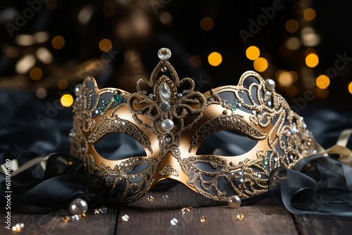 The allure of an ornate lace mask enhanced by shimmering gems amidst the excitement of a New Year's Eve party © aicandy