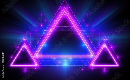 Neon light triangles, blue and purple colors, 80s and 90s concept, retro style. Generative AI