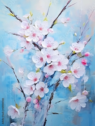 A Painting Of A Branch With White Flowers - Hello spring background with cherry blossoms flowers