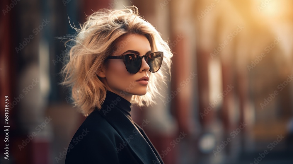 Beautiful blonde woman with sunglasses, fashion and style concept. Generative AI - obrazy, fototapety, plakaty 