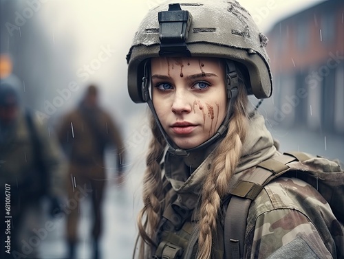 closeup portrait of a female soldier on the battlefield © Salander Studio