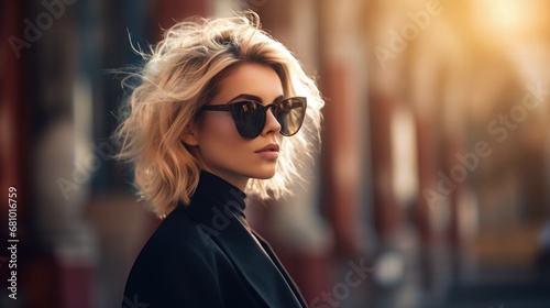 Beautiful blonde woman with sunglasses, fashion and style concept. Generative AI photo