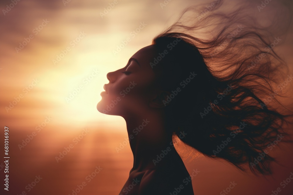Landscape with beautiful woman and sunset in the background. Generative AI Landscape with beautiful woman and sunset in the background. Generative AI