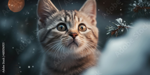 Cute Red Striped cat in winter forest. New Year and Christmas concept