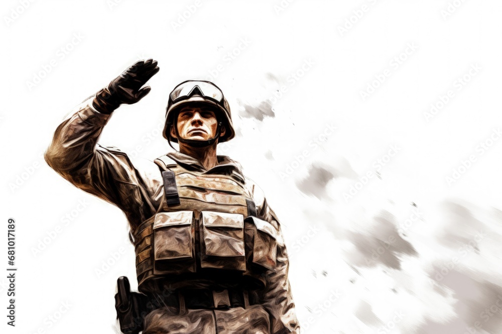 Fototapeta premium Illustration of American soldier in military uniform saluting, white background. Generative AI