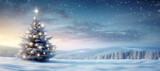 Illuminated Christmas tree under snowfall glittering in a winter landscape covered with snow at nightfall - Season background for greeting card with copy space