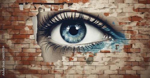 Human eye and broken brick wall, concept of spying and invasion of privacy. Generative AI photo