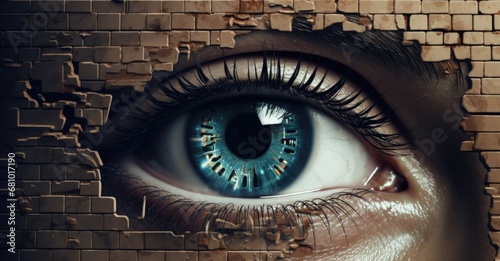 Human eye and broken brick wall, concept of spying and invasion of privacy. Generative AI photo
