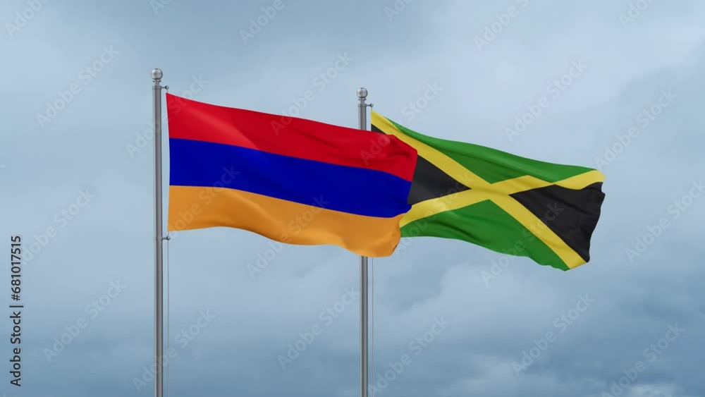 Jamaica and Armenia flag waving together on cloudy sky, endless seamless loop, two country cooperation concept Jamaica and Armenia flag waving together on cloudy sky, endless seamless loop, two country cooperation concept