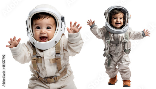 cute happy baby arabic toddler kid dressed like an astronaut on transparent background	