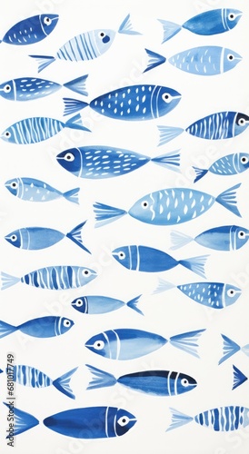 A School of Blue and White Fish Swimming in Harmony on a Crystal Clear Canvas