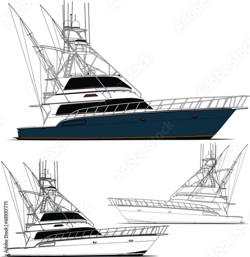 Sport fishing boat vector line art Illustration for a t-shirt or other printable design