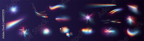 Iridescent crystal leak glare reflection effect. Optical rainbow lights, glare, leak, streak overlay. falling confetti. Vector colorful vector lenses and light flares with transparent effects.