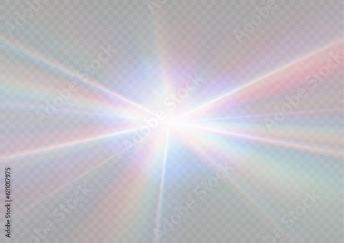 Sparkle reflection effect of the rainbow crystal glare shines in the form of a star. Optical rainbow lights, from the sun, glare of rays, overlapping stripes. Vector lenses and light flares effect