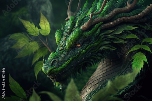 Portrait of a horned green forest dragon covered with plants with glowing orange eyes  chinese dragon  Year of the Dragon  Generative AI