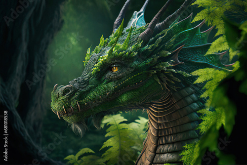 Portrait of a green forest dragon in the forest background, Year of the Dragon, Generative AI © Eva