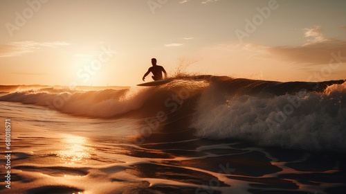 man surfing on the wave, with a sunset