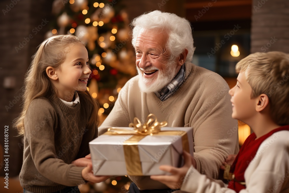 Santa Clause give Christmas gifts to the young girl and boy, bokeh light, happy Christmas time, generative Ai Santa Clause give Christmas gifts to the young girl and boy, bokeh light, happy Christmas time, generative Ai