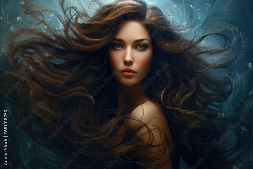 Fototapeta premium A Captivating Portrait: Serene Beauty With Flowing Tresses