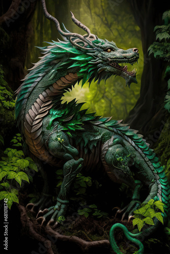 Ancient green dragon in the forest, Year of the Dragon, fantasy illustration, Generative AI © Eva