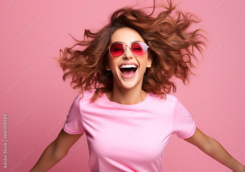 Young woman smiling, happy and surprised. Happiness time for advertising. AI generated