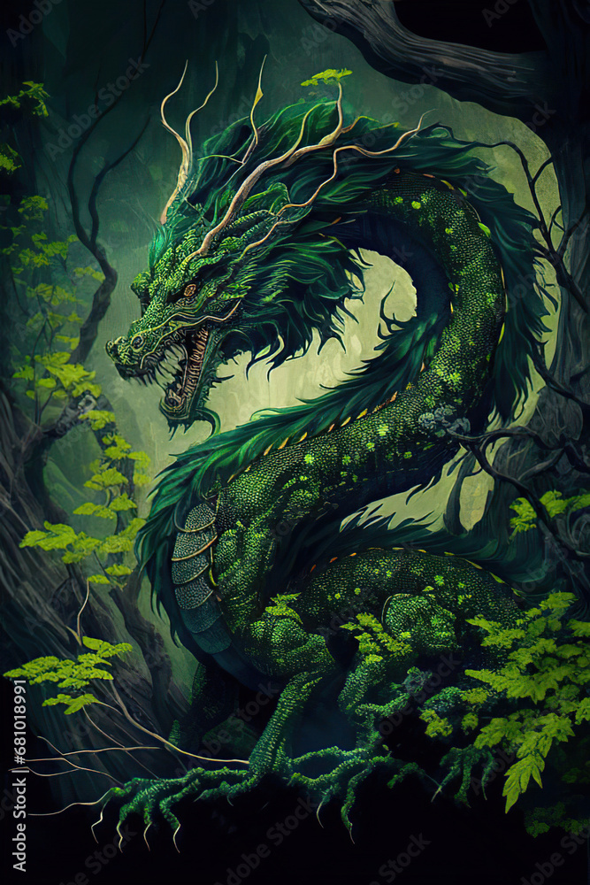 Ancient green chinese horned dragon in the forest, Year of the Dragon, fantasy illustration, vertical, Generative AI