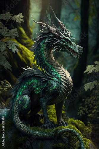 Green dragon sitting on stone in the forest, Year of the Dragon, fantasy illustration, vertical, Generative AI