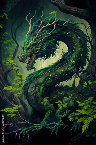 Ancient green chinese horned dragon in the forest  Year of the Dragon  fantasy illustration  vertical  Generative AI