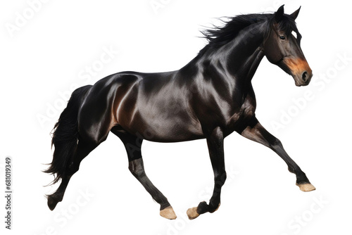 a high quality stock photograph of single jumping satisfied happy black horse full body isolated on a white background