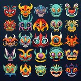 A Vibrant Collection of Colorful Masks on a Dramatic Black Background