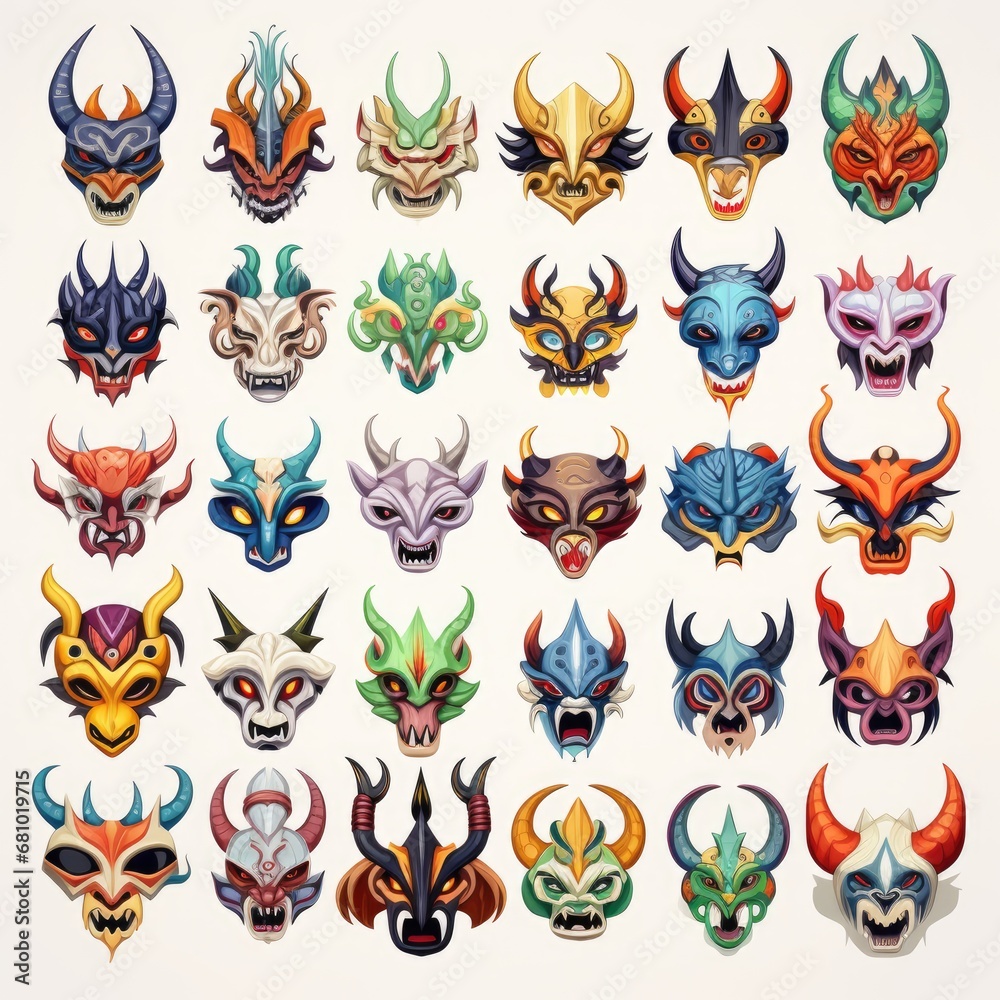 Fototapeta premium A Vibrant Collection of Colorful Masks with Horns
