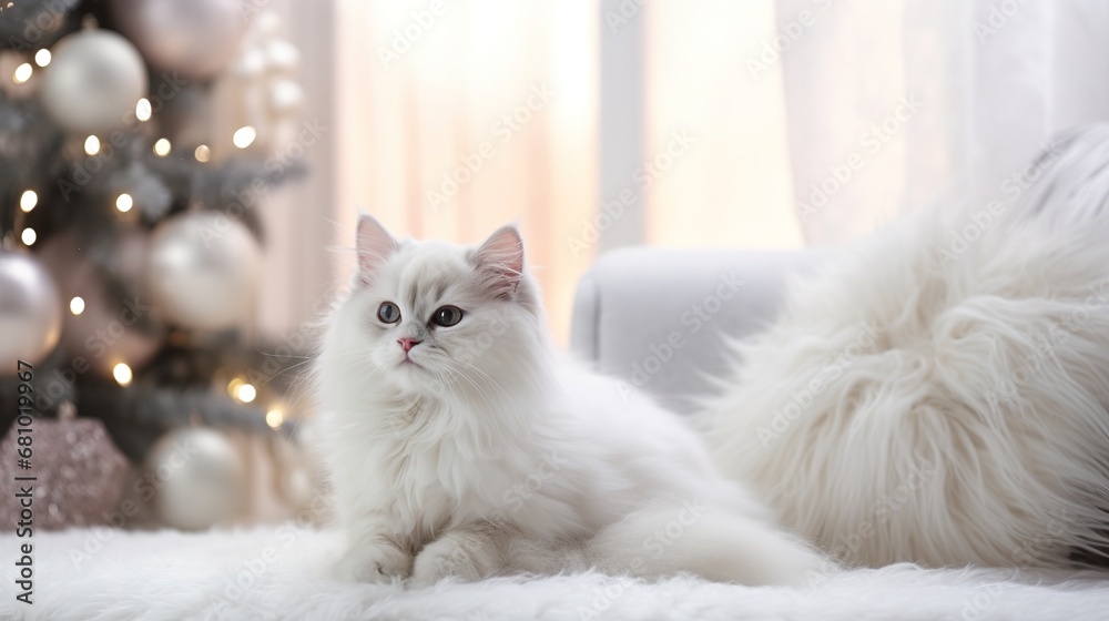 Cute white fluffy cat lying and looks at the camera, surrounded by a Christmas-decorated room in a modern Scandinavian style. Minimalist festive holiday decor, warm and inviting atmosphere. Festive