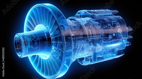 X-ray style turbofan jet engine isolated on black background. 3D rendering image.