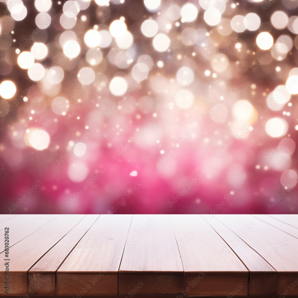 Empty wooden table and blurred background of hall of stage bar or cafe with bokeh lights Empty wooden table and blurred background of hall of stage bar or cafe with bokeh lights