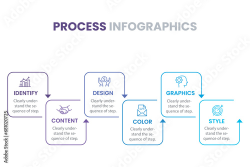 Business data visualization. Process chart. Elements of graph, diagram with 6 steps, options, parts or processes